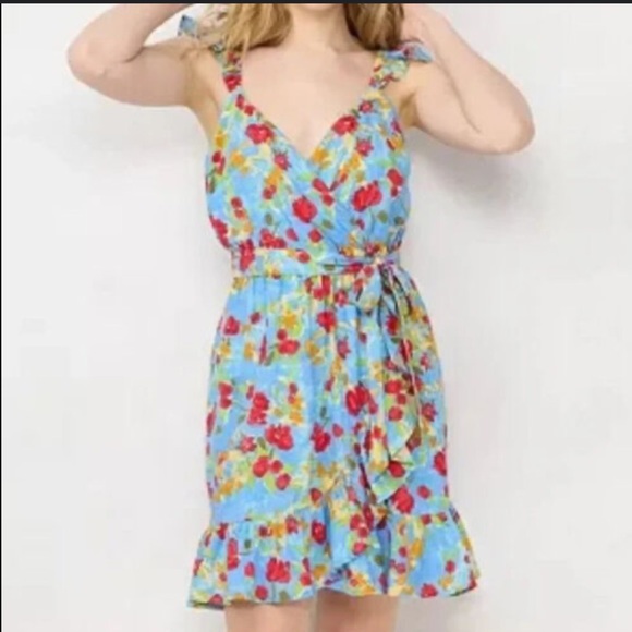 LC Lauren Conrad Blue Floral sleeveless wrap dress with a ruffle hem NWT - Picture 6 of 10